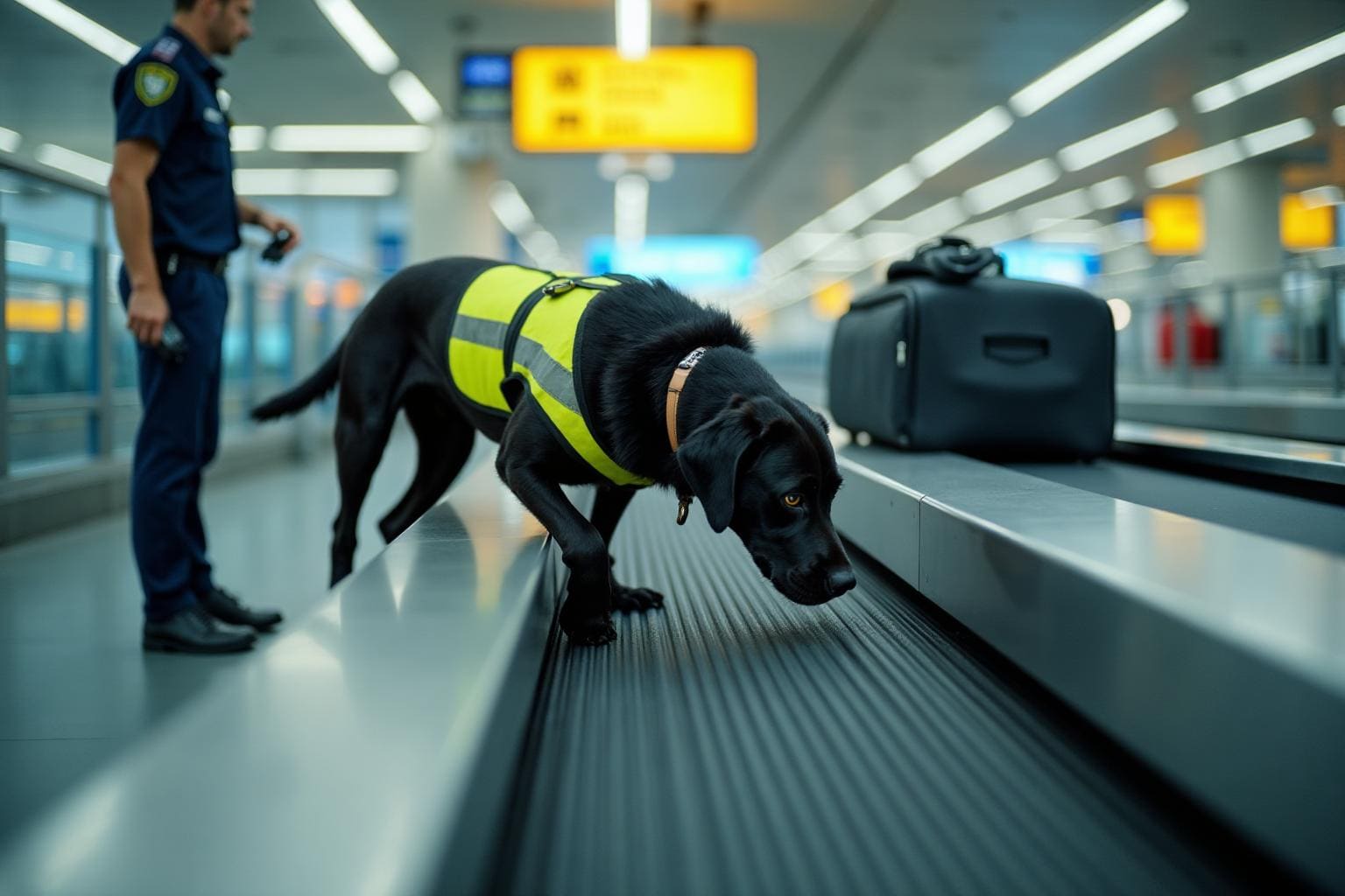 Working line Labrador detection dog on real-world deployment with handler