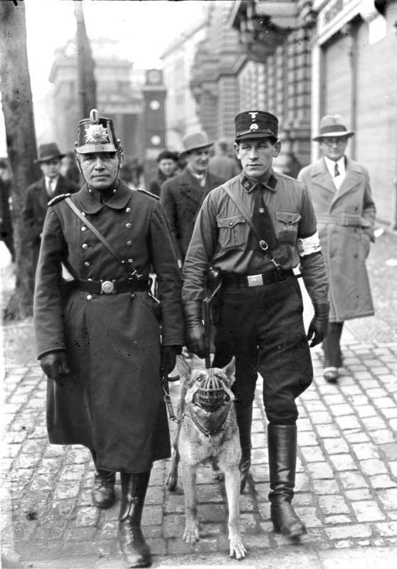Berlin police patrol with German Shepherd, Weimar Republic era